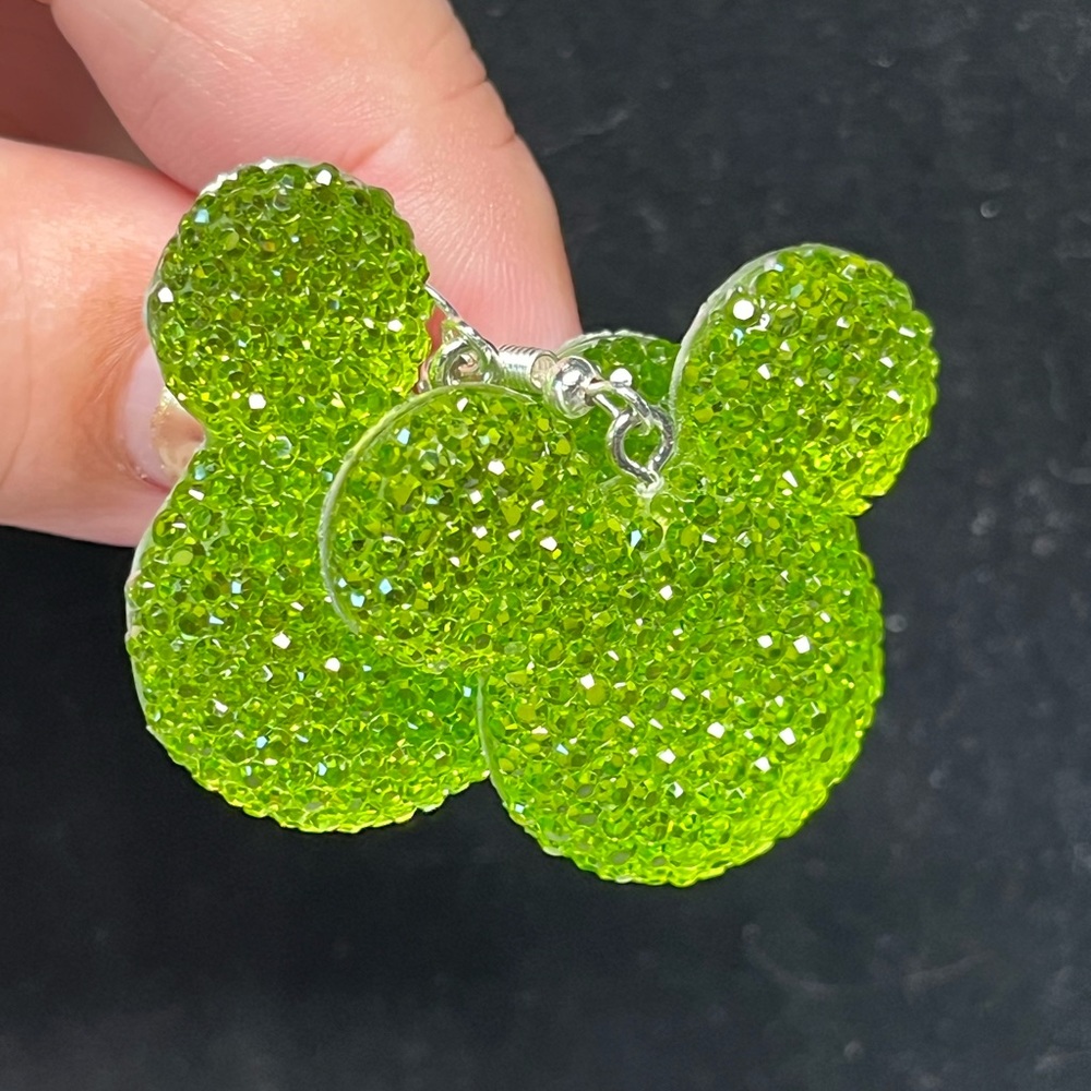 Betsey Johnson style lime green rhinestone look Mickey earrings,nickel free